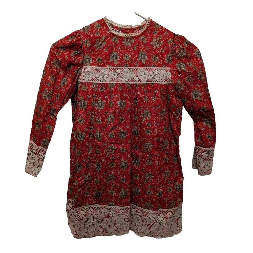 Vintage 1970's Red Montgomery Ward Dress Long Sleeves Lace Prairie Retro Size 6